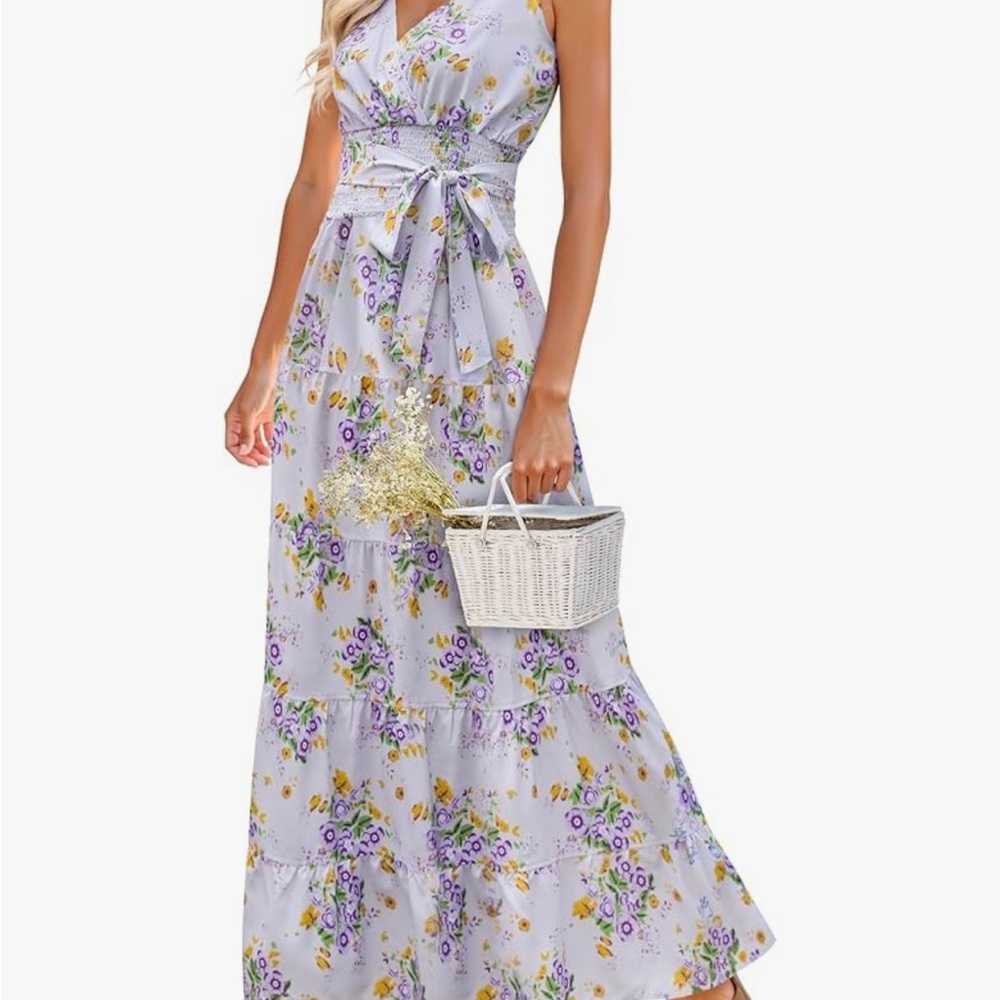 Women Sleeveless Boho Floral Maxi Dress Summer Casual Wrap Vneck Smocked large